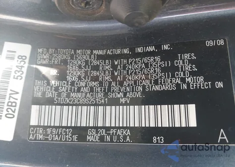 2009 Toyota Sienna Le z USA, uszkodzony, nr VIN 5TDZK23C89S251541
